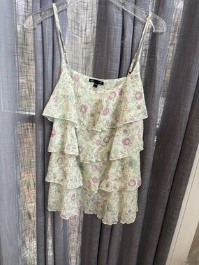 New Light Floral Ruffle L Cami Top Cream Pink & Green Cottagecore fairy shirt